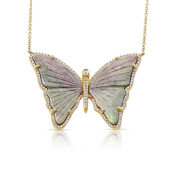 14K Solid Gold Opal And Diamond Butterfly Necklace