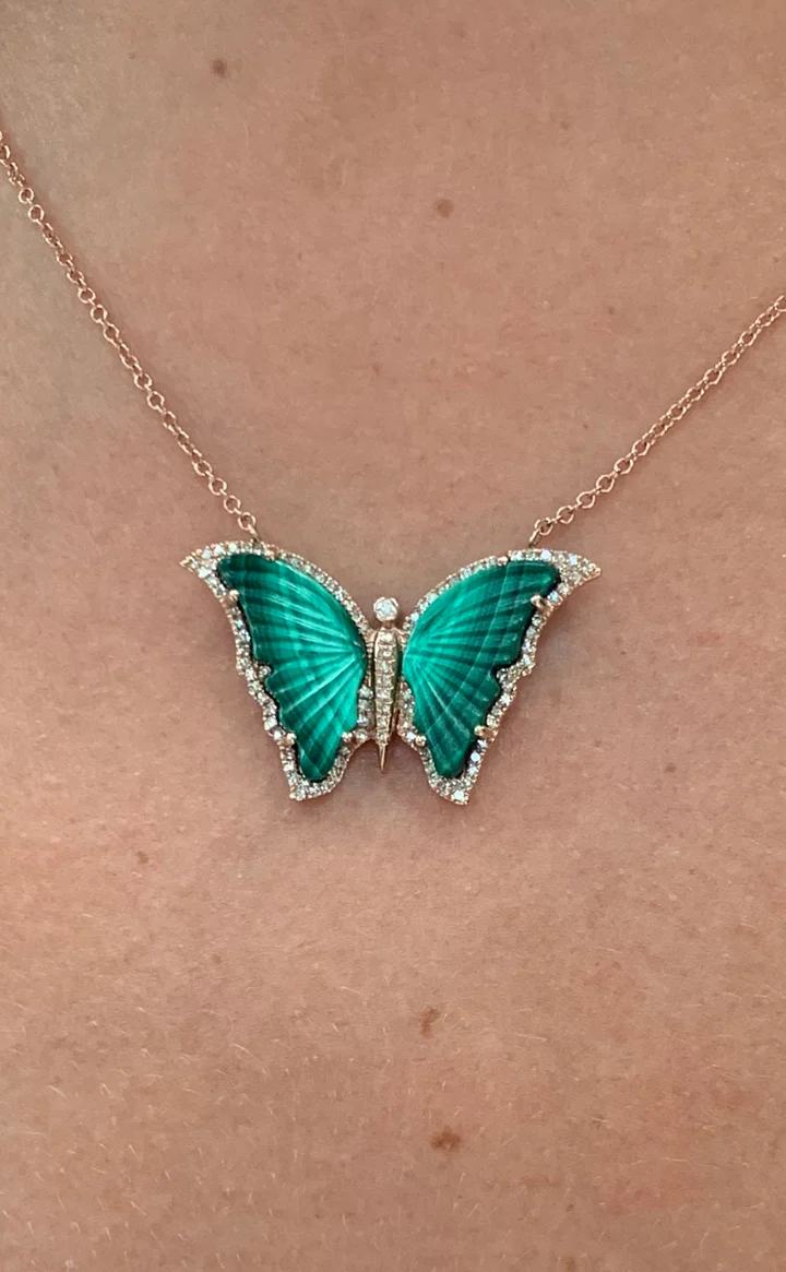 14K Solid Gold Malachite And Diamond Butterfly Necklace