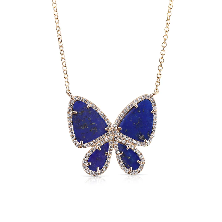 14K Solid Gold Lapis Lazuli Butterfly Necklace