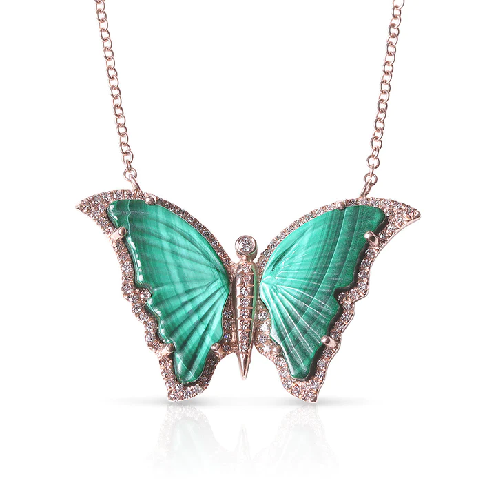 14K Solid Gold Malachite And Diamond Butterfly Necklace view 2