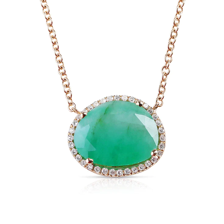 14K Solid Gold Emerald Pendent Necklace With Pave Diamond Surround