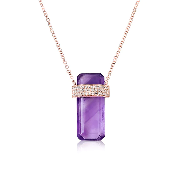 14K Solid Gold Amethyst Crystal Necklace With Diamond