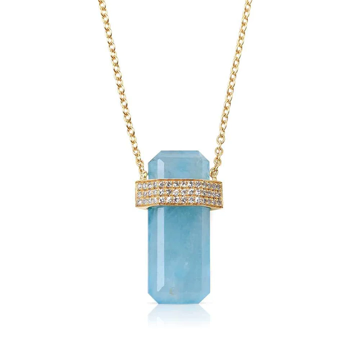 14K Solid Gold Aquamarine Crystal Necklace With Diamond