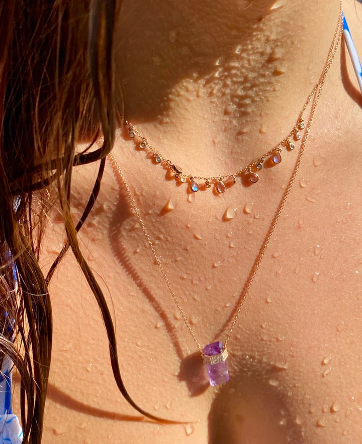 14K Solid Gold Amethyst Crystal Necklace With Diamond view 2