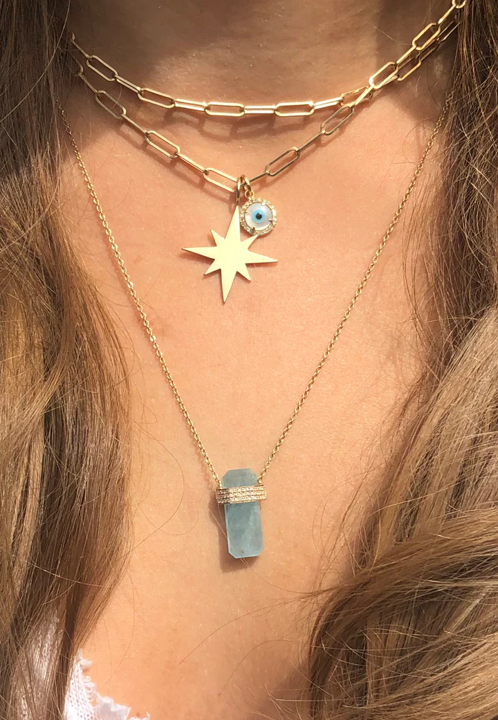 14K Solid Gold Aquamarine Crystal Necklace With Diamond view 2