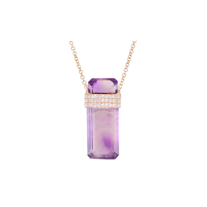 14K Solid Gold Amethyst Crystal Necklace With Diamond view 3