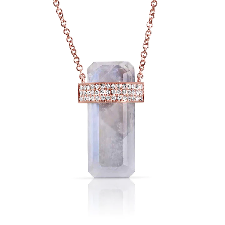 14K Solid Gold Moonstone Crystal Necklace With 3 Bands Of Diamonds