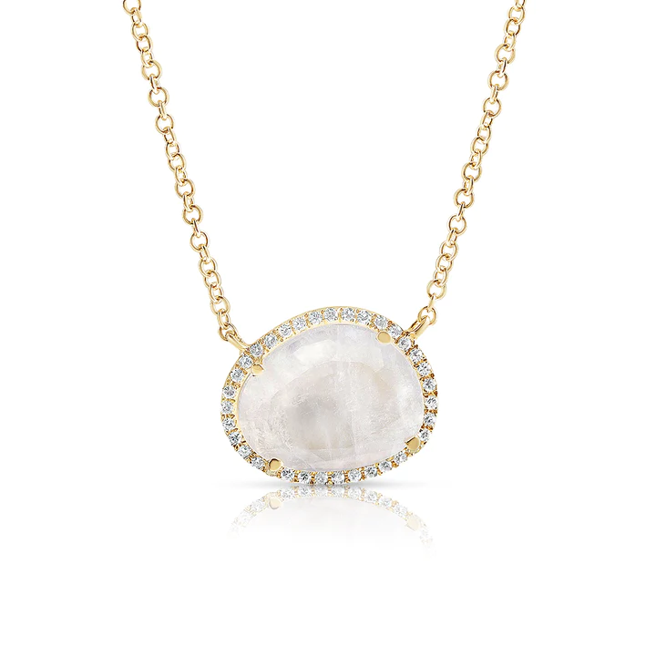 14K Solid Gold Moonstone Pendant Necklace With Pave Diamond Surround