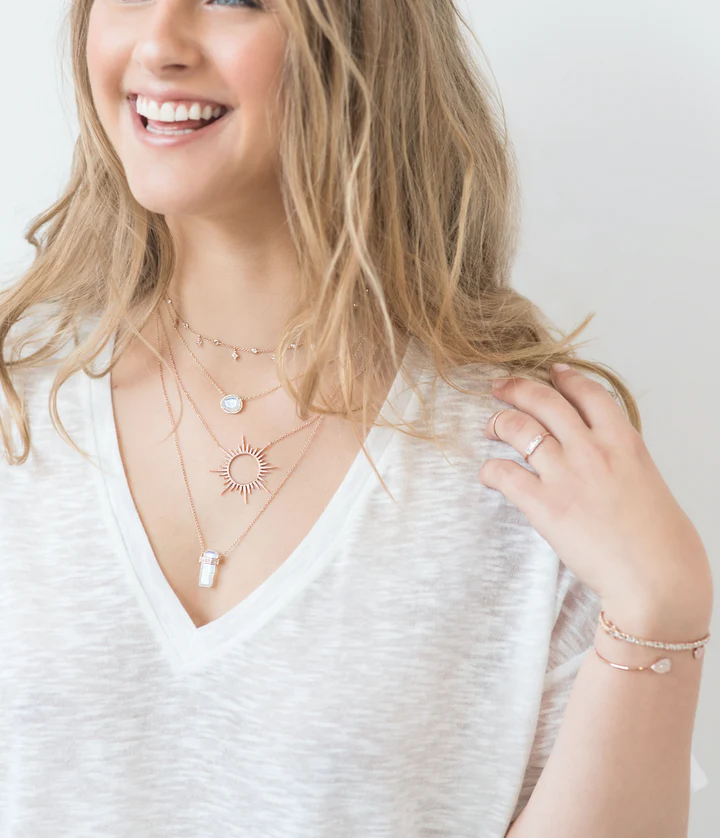 14K Solid Gold Moonstone Crystal Necklace With 3 Bands Of Diamonds view 2