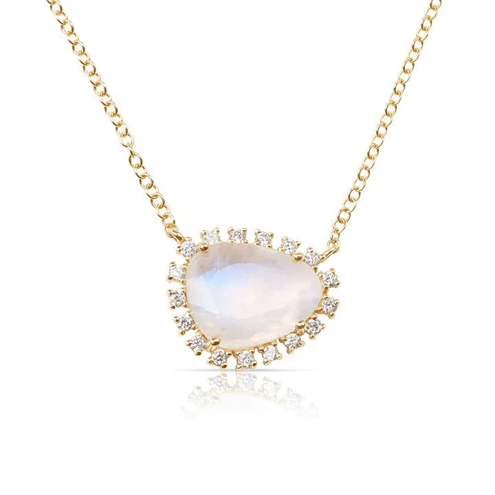 14K Solid Gold Moonstone Necklace With Floating Diamonds