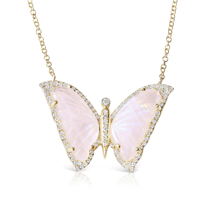 14K Solid Gold Moonstone And Diamond Teardrop Butterfly Necklace