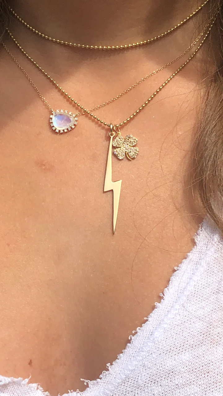 14K Solid Gold Moonstone Necklace With Floating Diamonds view 2