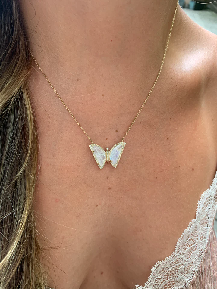14K Solid Gold Moonstone And Diamond Teardrop Butterfly Necklace view 2
