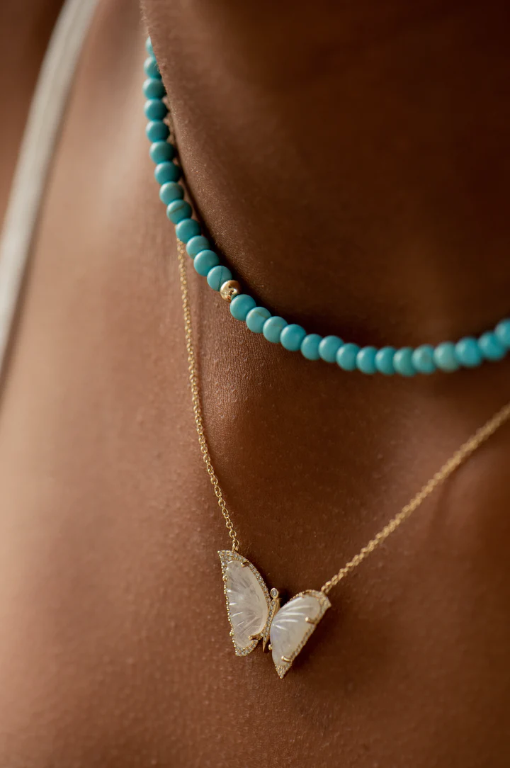 14K Solid Gold Moonstone And Diamond Teardrop Butterfly Necklace view 3