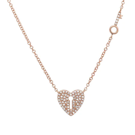 14K Solid Gold Diamond Heart And Key Necklace view 3