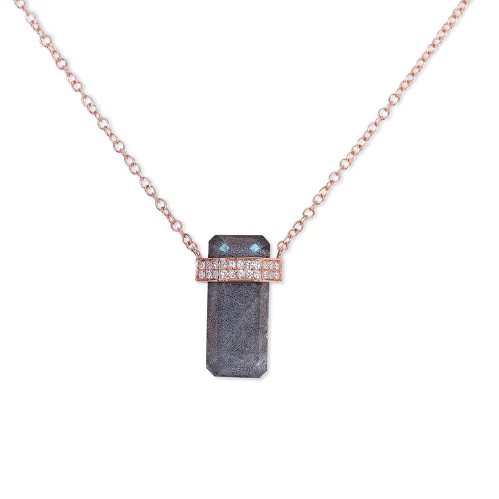 14K Solid Gold Labradorite Crystal Necklace With Double Diamond Band