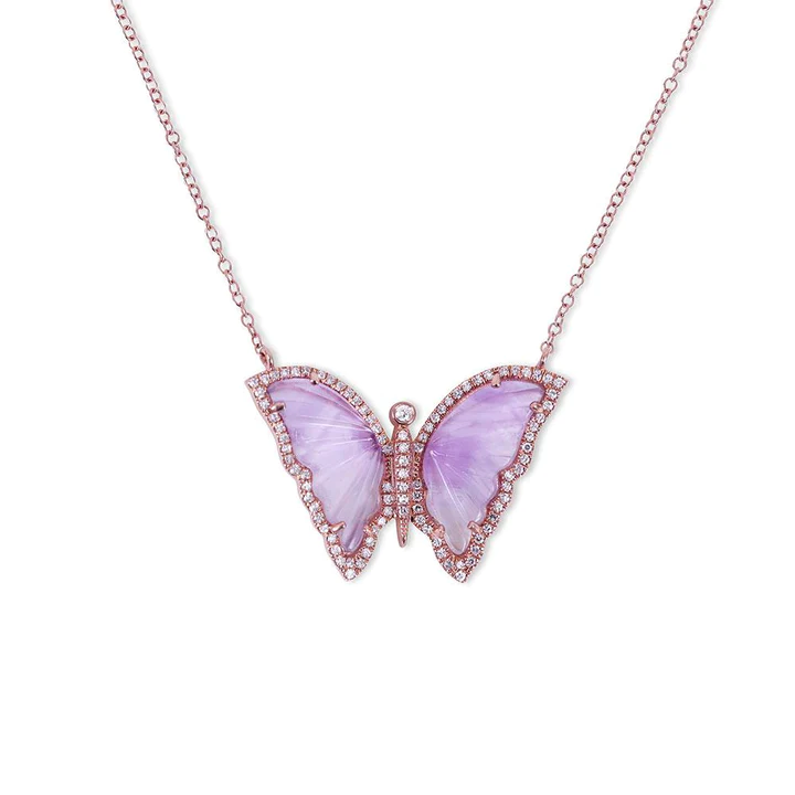 14K Solid Gold Amethyst And Diamond Butterfly Necklace