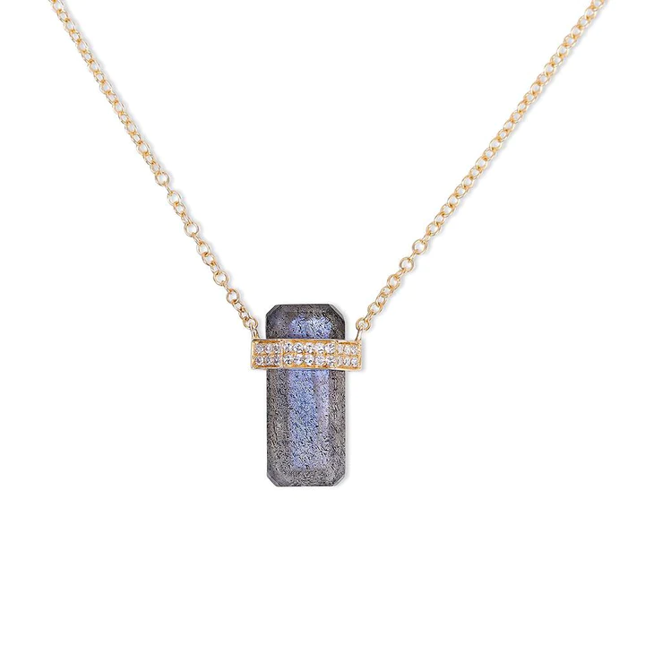 14K Solid Gold Labradorite Crystal Necklace With Double Diamond Band view 2