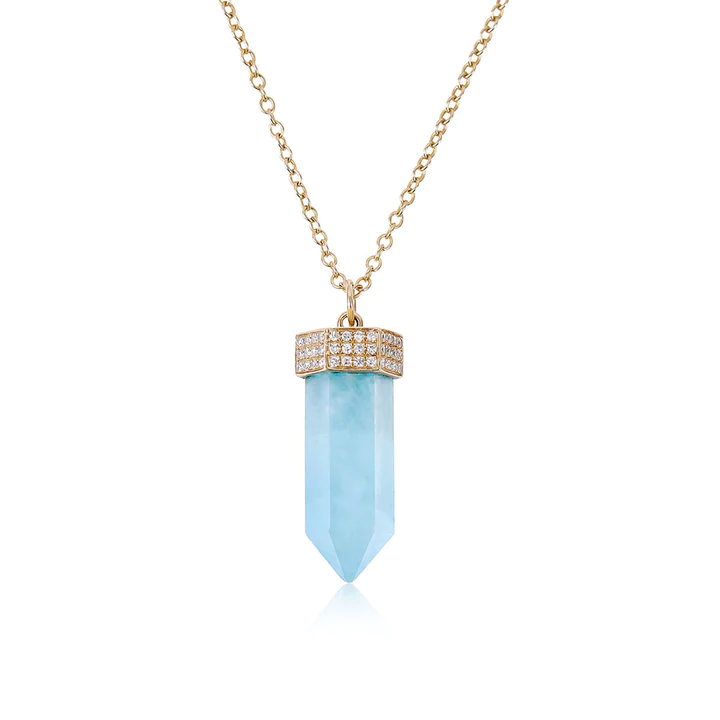 14K Solid Gold Aquamarine And Diamond Crystal Necklace