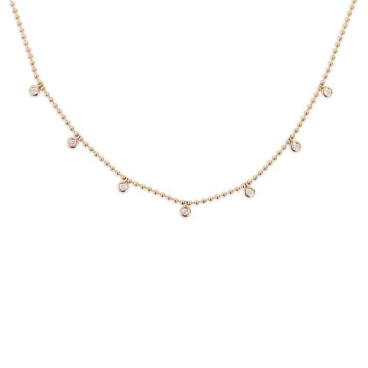14K Solid Gold Bezel Diamond Ball Chain Necklace