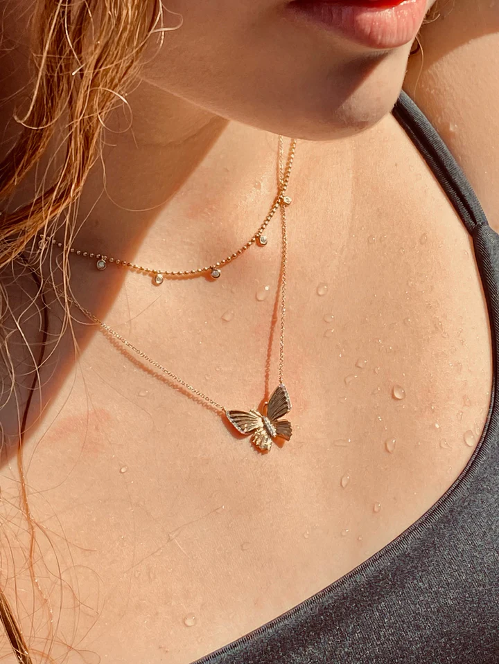 14K Solid Gold Bezel Diamond Ball Chain Necklace view 2