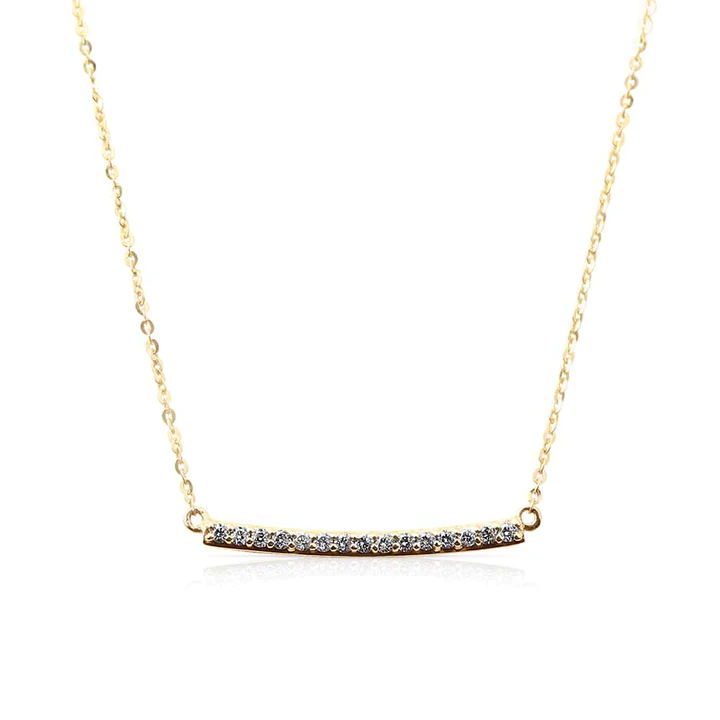 14K Solid Gold Horizontal Curved Diamond Bar Necklace