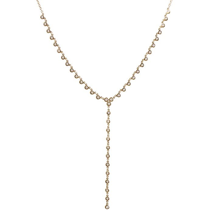 14K Solid Gold Bezel Set Diamond Lariat Necklace