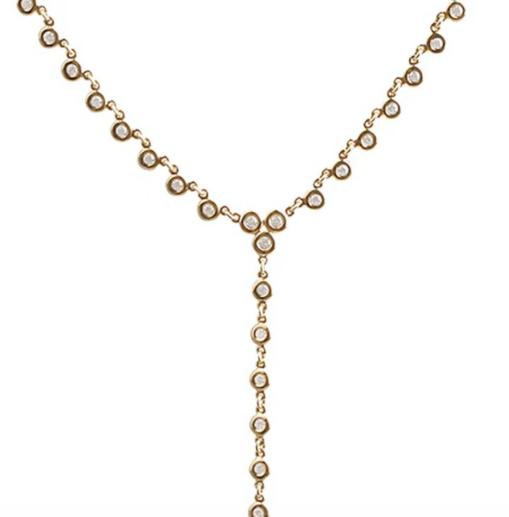 14K Solid Gold Bezel Set Diamond Lariat Necklace view 2