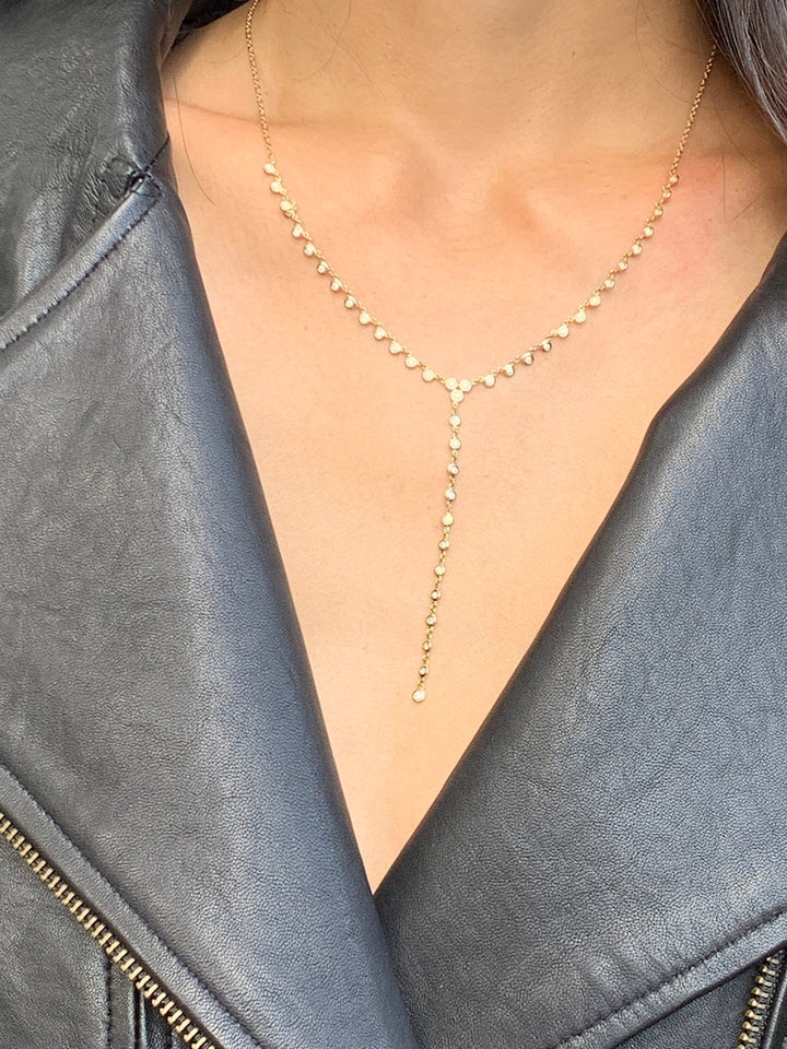14K Solid Gold Bezel Set Diamond Lariat Necklace view 3
