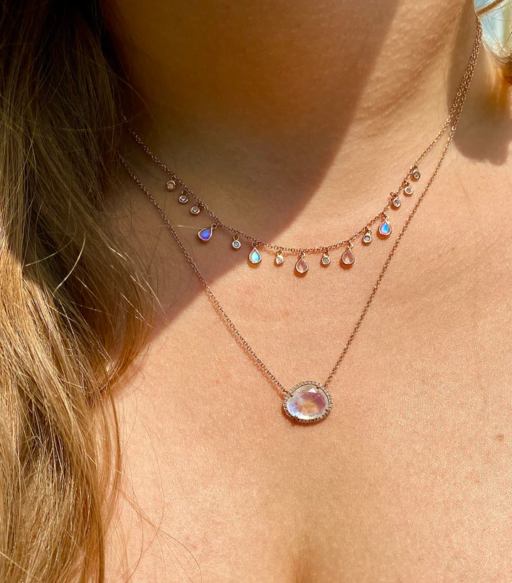 14K Solid Gold Moonstone And Diamond Teardrop Necklace view 2