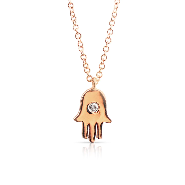 14K Solid Gold Hamsa Necklace With Single Diamond