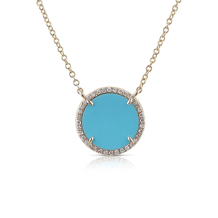 14K Solid Gold Turquoise and Diamond Round Pendant
