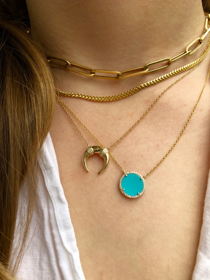 14K Solid Gold Turquoise and Diamond Round Pendant view 2