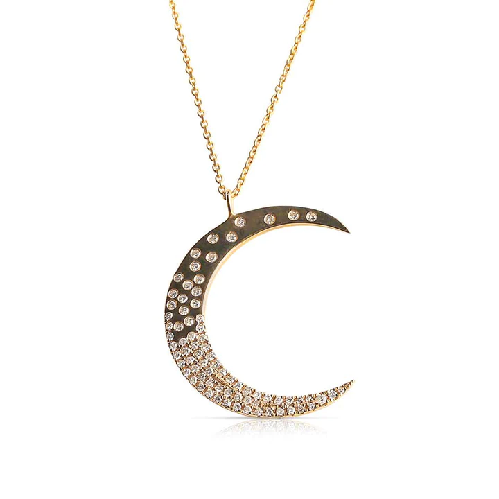 14K Solid Gold Celestial Scattered Diamond Moon Necklace