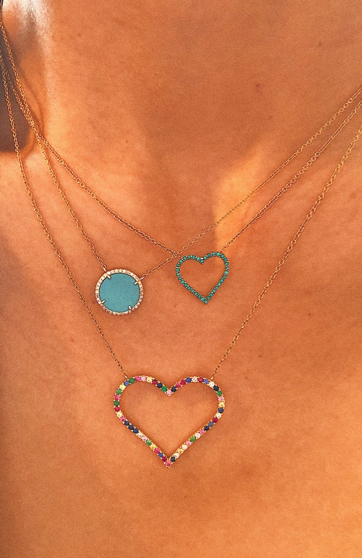 14K Solid Gold Turquoise and Diamond Round Pendant view 3