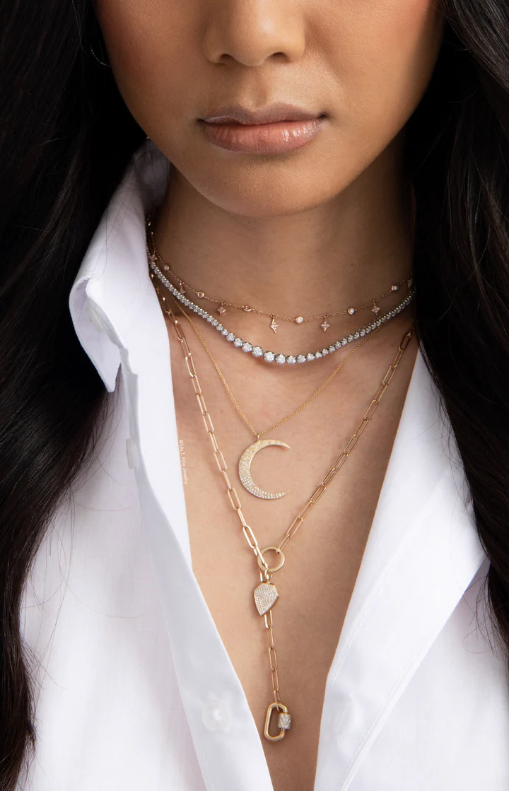 14K Solid Gold Celestial Scattered Diamond Moon Necklace view 2