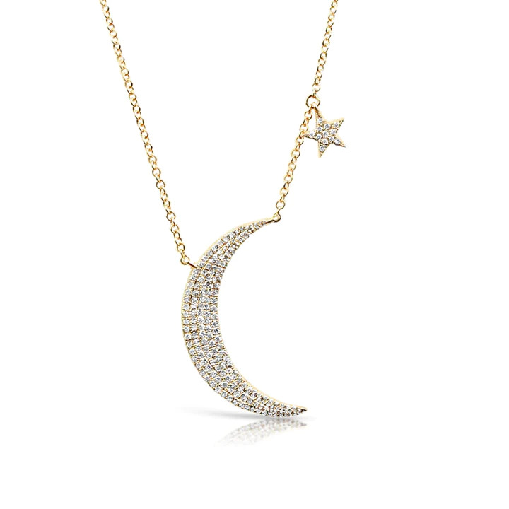14K Solid Gold Medium Diamond Moon and Star Necklace