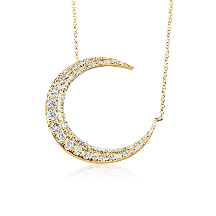 14K Solid Gold Crescent Moon Diamond Necklace view 2