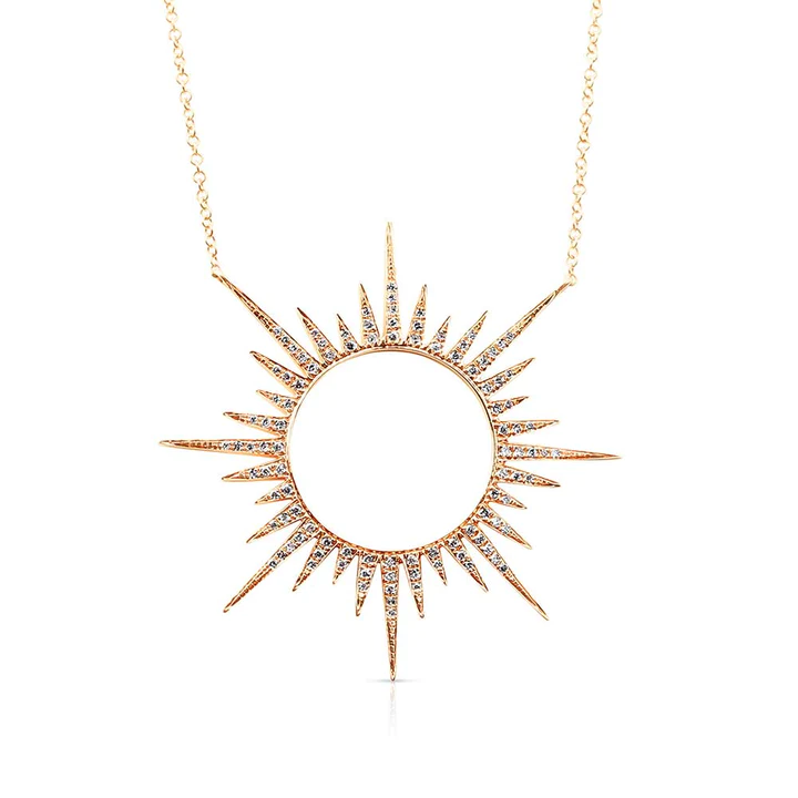 14K Solid Gold Open Sun Diamond Necklace