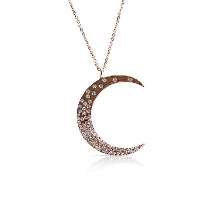 14K Solid Gold Celestial Scattered Diamond Moon Necklace view 3