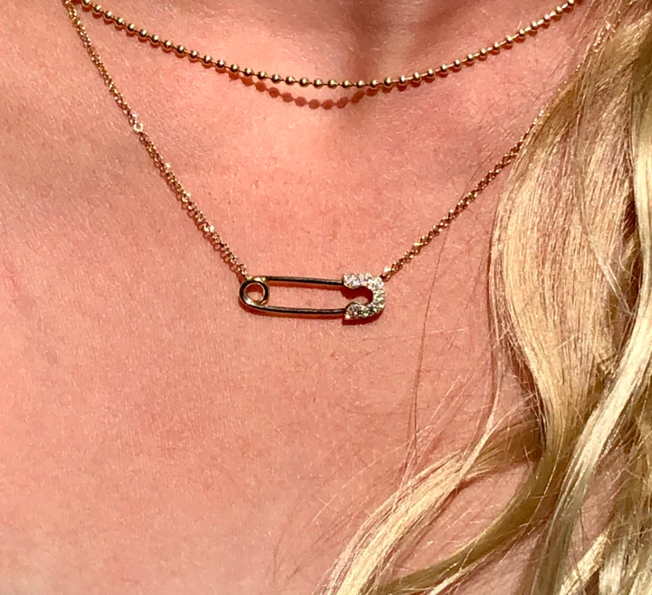 14K Solid Gold Diamond Safety Pin Necklace view 2