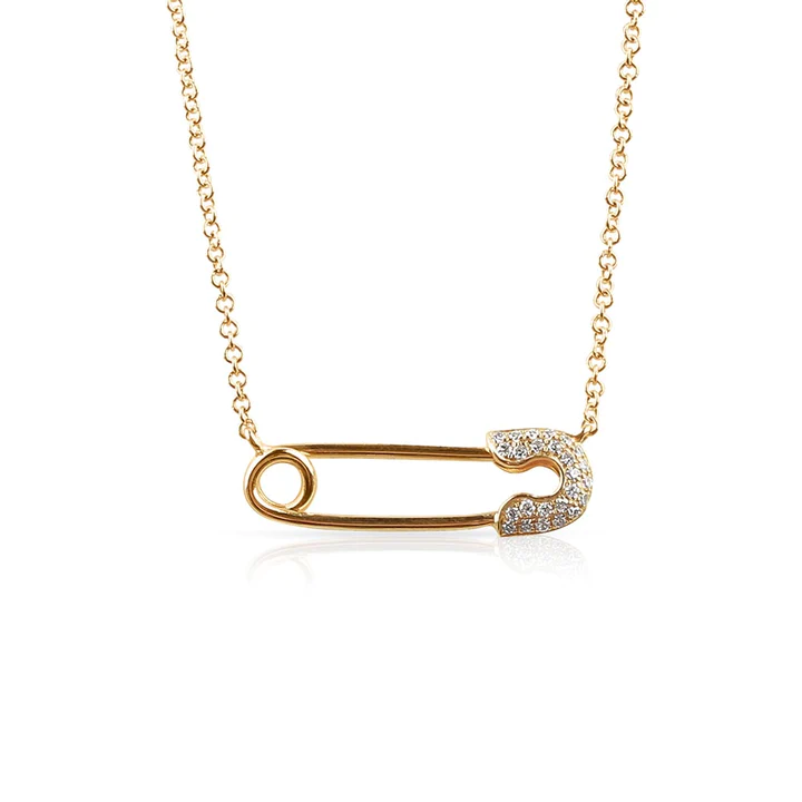 14K Solid Gold Diamond Safety Pin Necklace view 3