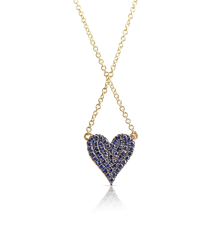 14K Solid Gold Reversible White Diamond And Blue Sapphire Heart Necklace