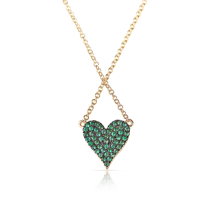 14K Solid Gold Reversible White Diamond And Emerald Heart Necklace