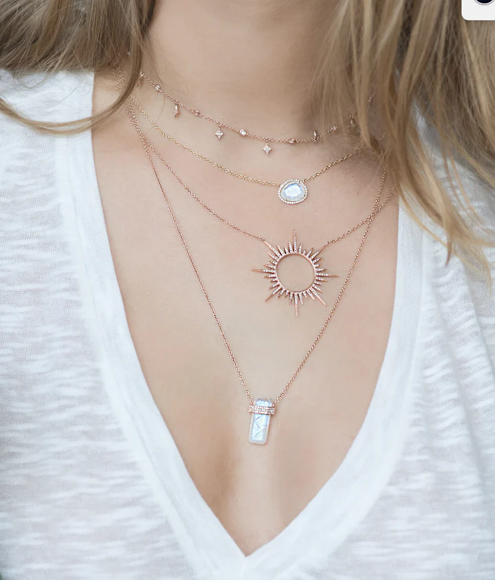 14K Solid Gold Moonstone Crystal Necklace With 3 Bands Of Diamonds view 3