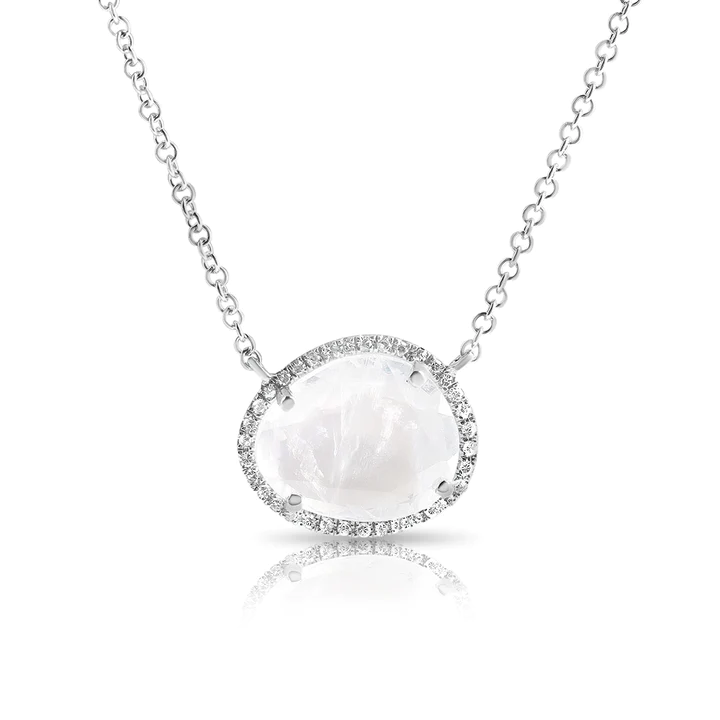 14K Solid Gold Moonstone Pendant Necklace With Pave Diamond Surround view 3