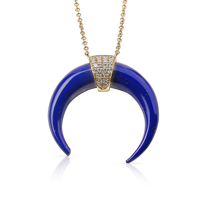 14K Solid Gold Lapis Crescent Horn Necklace With Pave Diamonds