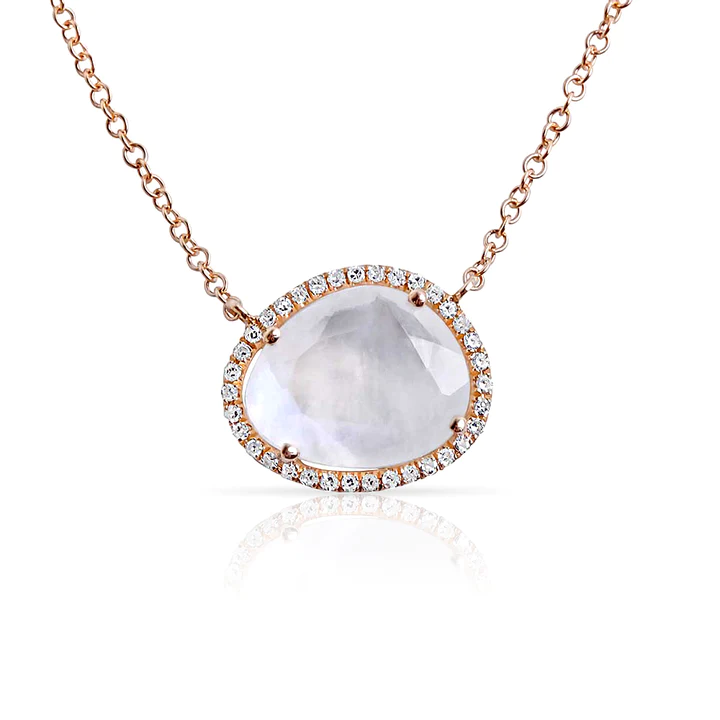 14K Solid Gold Moonstone Pendant Necklace With Pave Diamond Surround view 4