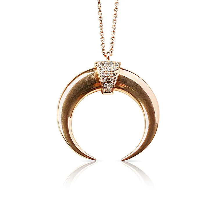 14K Solid Gold Crescent Horn Necklace With Pave Diamonds