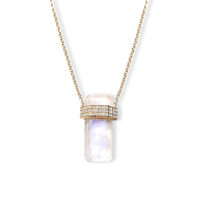 14K Solid Gold Moonstone Crystal Necklace With 3 Bands Of Diamonds view 4